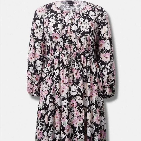 Torrid - Midi Swiss Dot Pleat Long Sleeve Dress in Brushstroke Multi Floral‌‌‌ - Picture 13 of 13